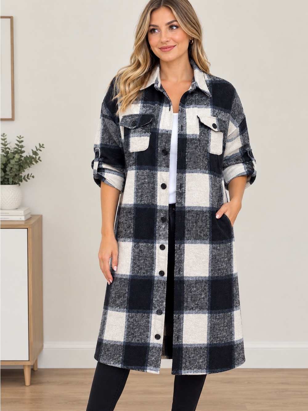 Dark blue& White Plaid Midi Shacket Dress